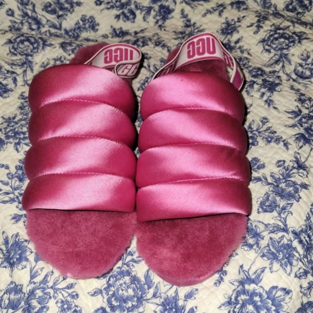 Women's Pink Satin UGG Slide Sandals